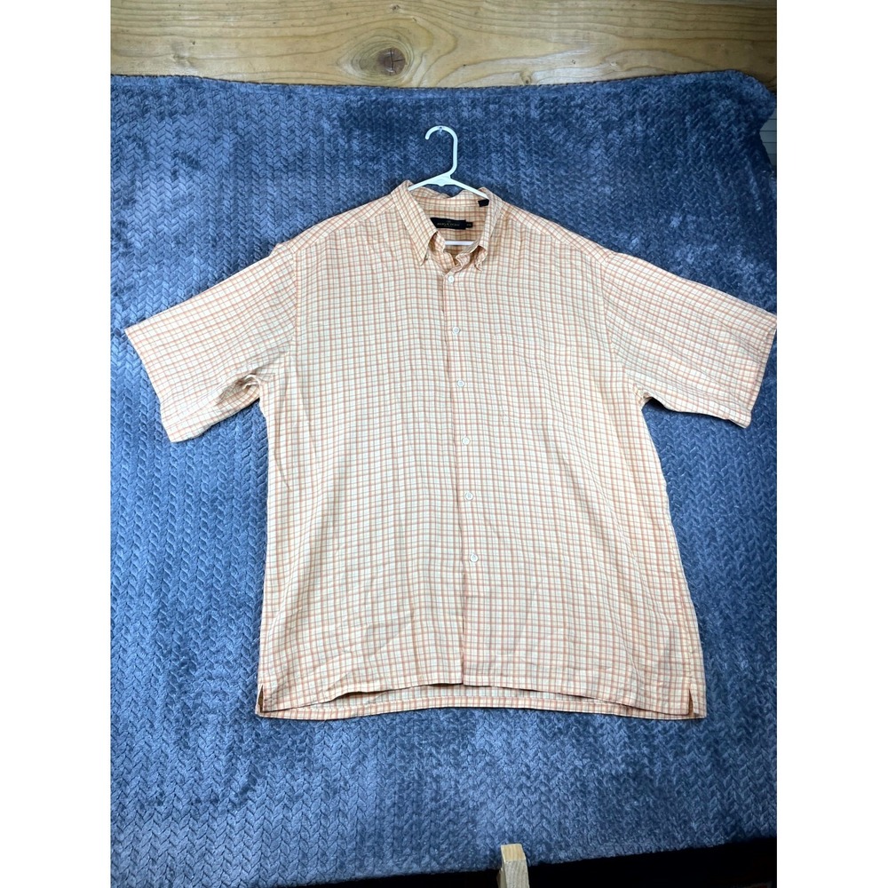 Bugatchi Uomo Shirt Mens 2XL Orange Beige Plaid Check Short Sleeve Button Down